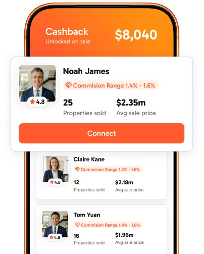 Compare agents sales, ratings and commission ranges, with cashback unlocked on sale