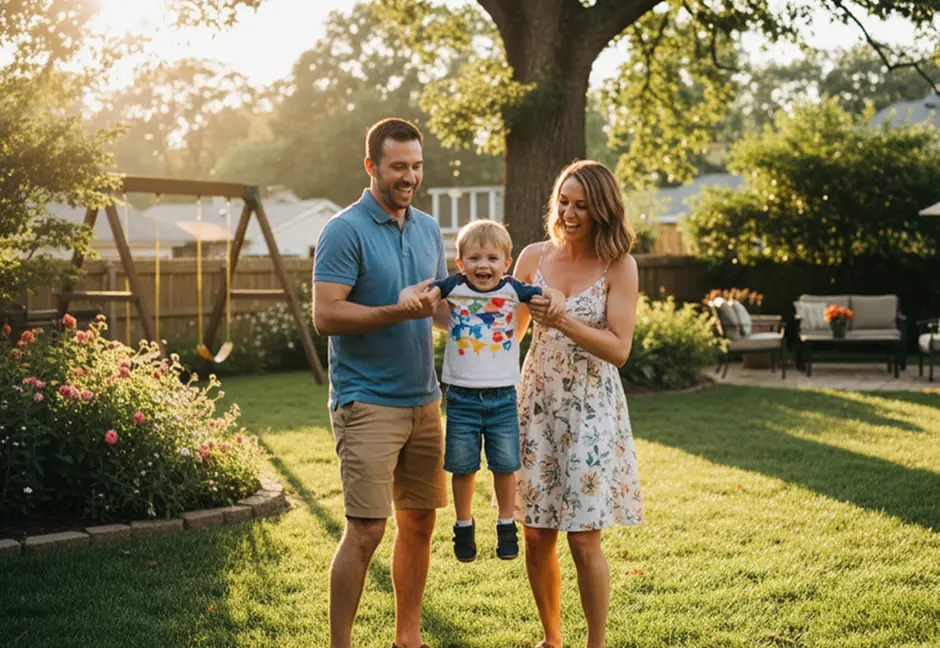 Family playing together in a backyard garden