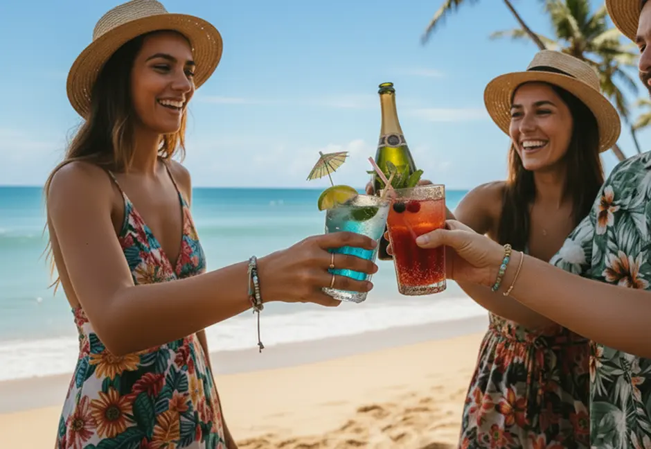Friends celebrating on a sunny beach